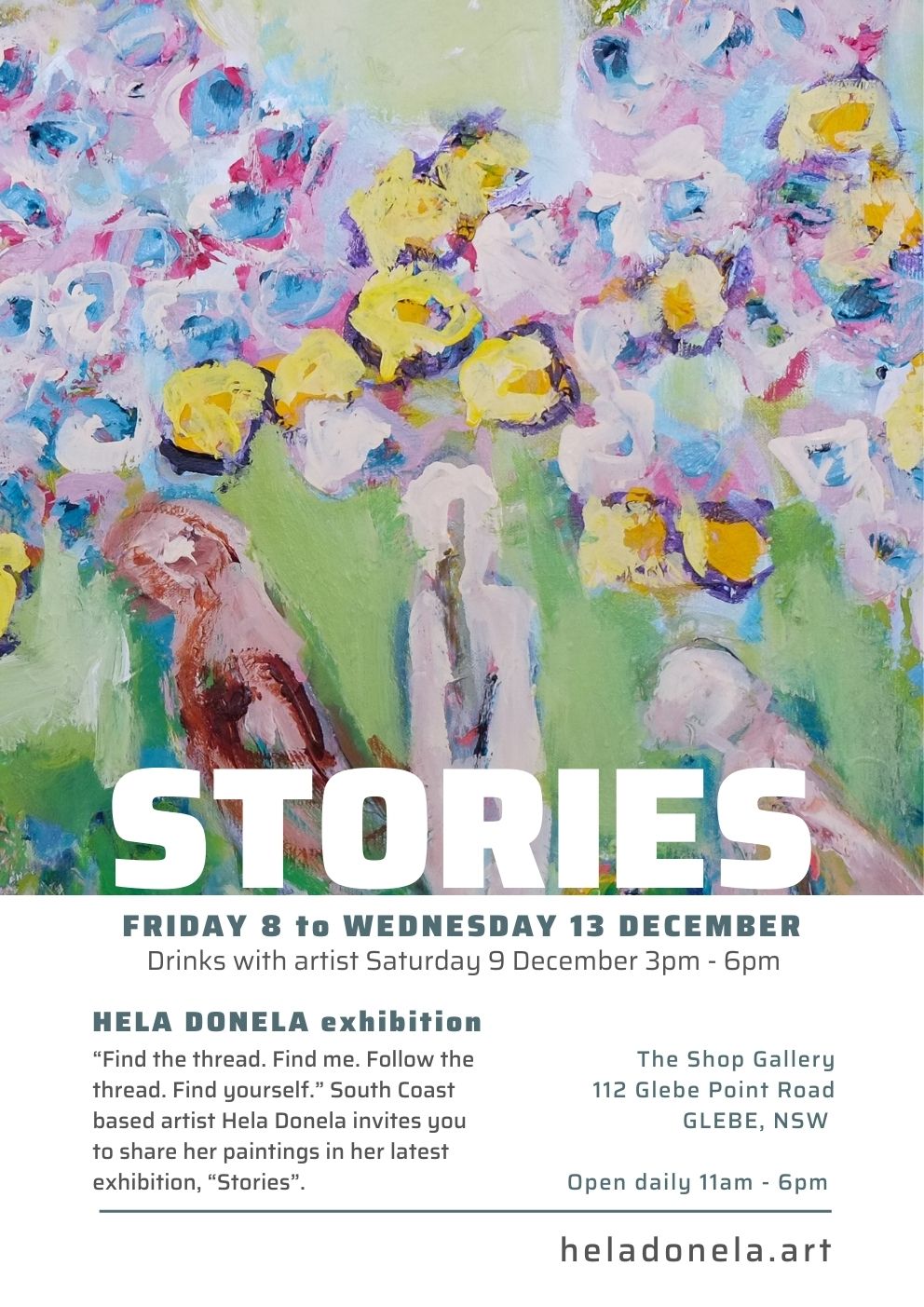 hela donela exhibition poster for stories in glebe december 2023