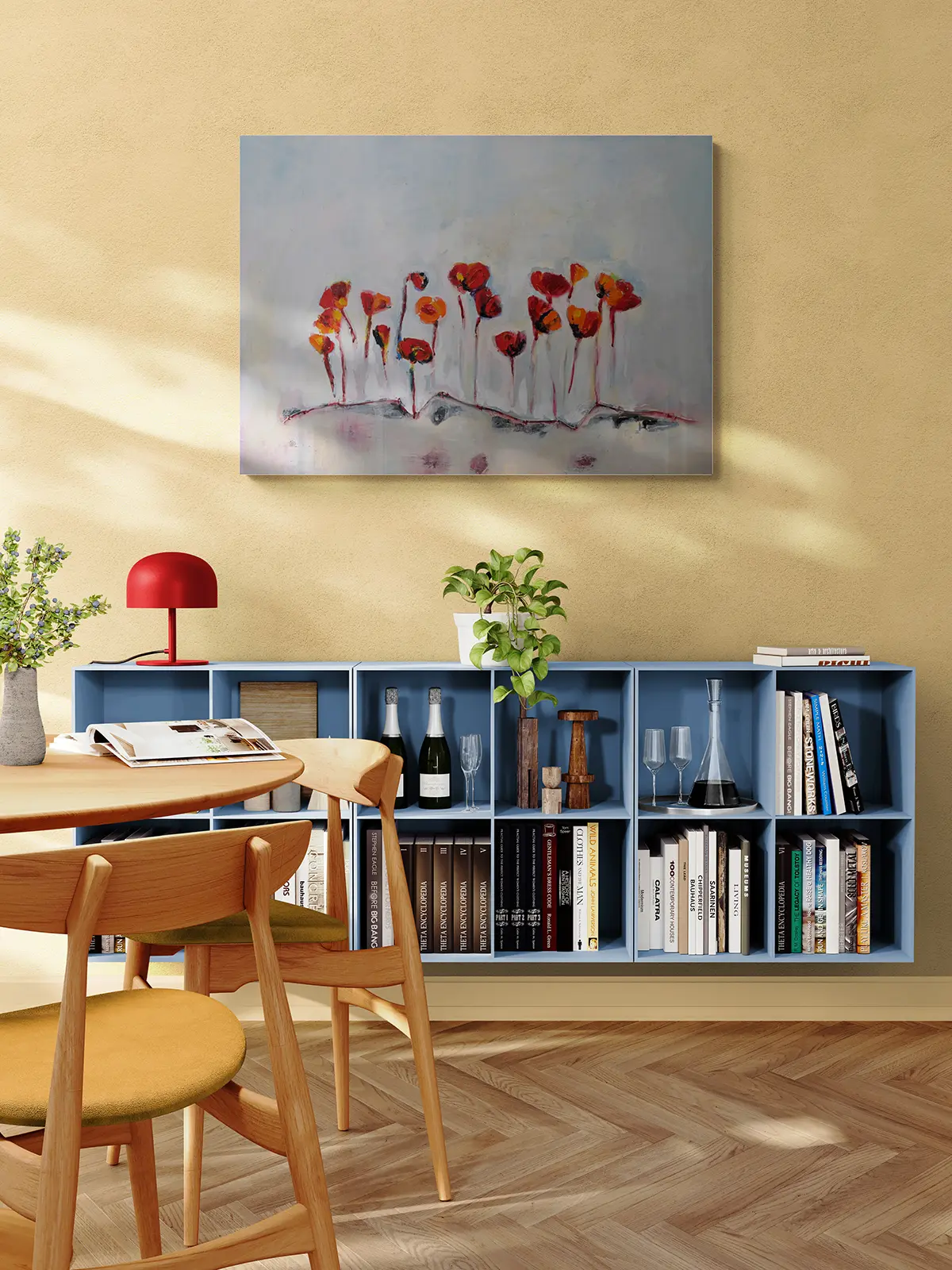 17 blood red poppies in a painting by hela donela in simulated room over book case