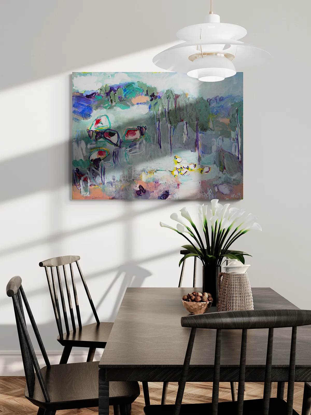 hela donela cow and chicken landscape painting on dining room wall